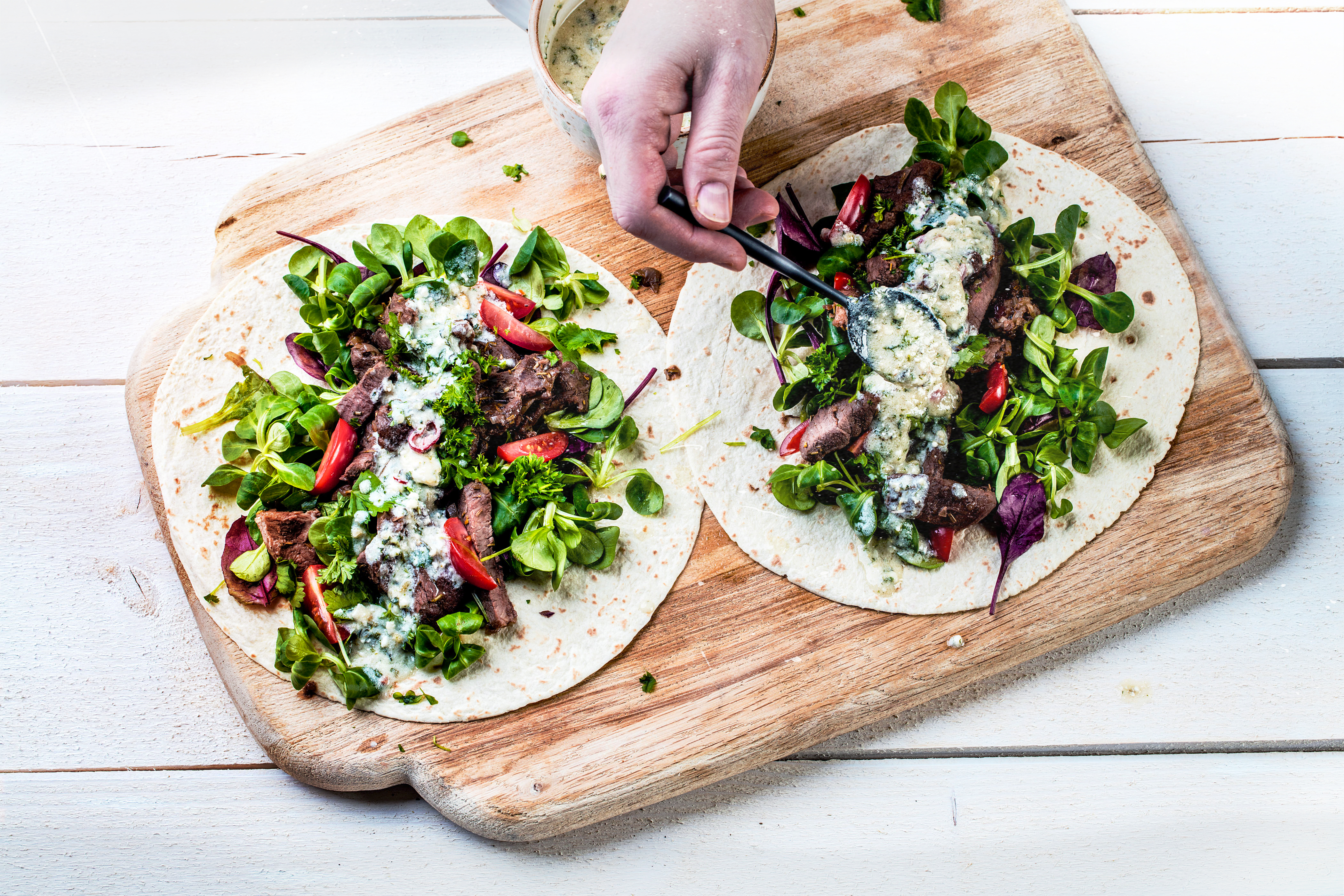 Lamb wraps with white cheese and mint pesto Apetina