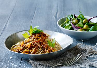 Spaghetti og kødsauce med balsamico