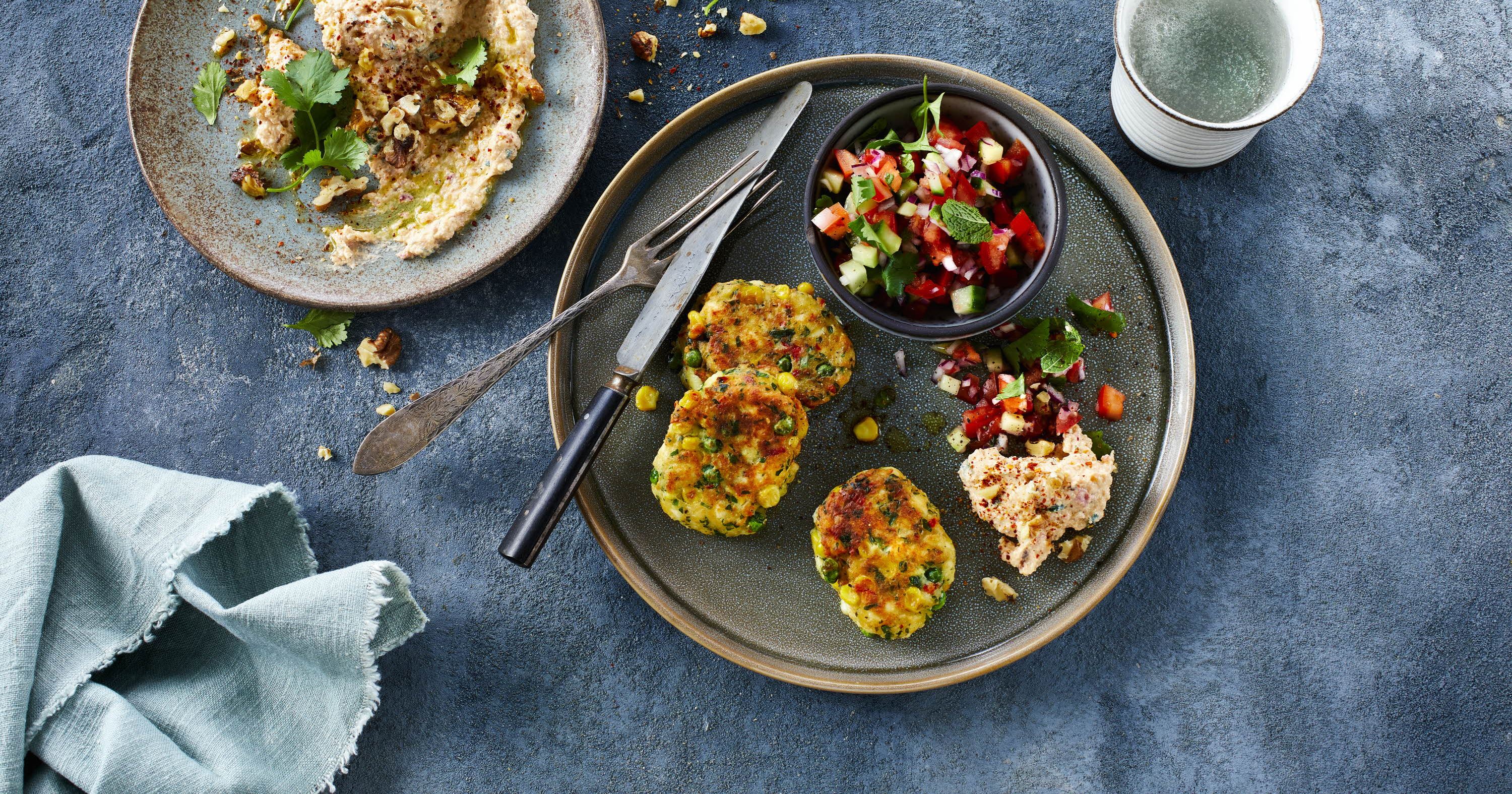 Grøntsagsfrikadeller med tomatsalsa og dip
