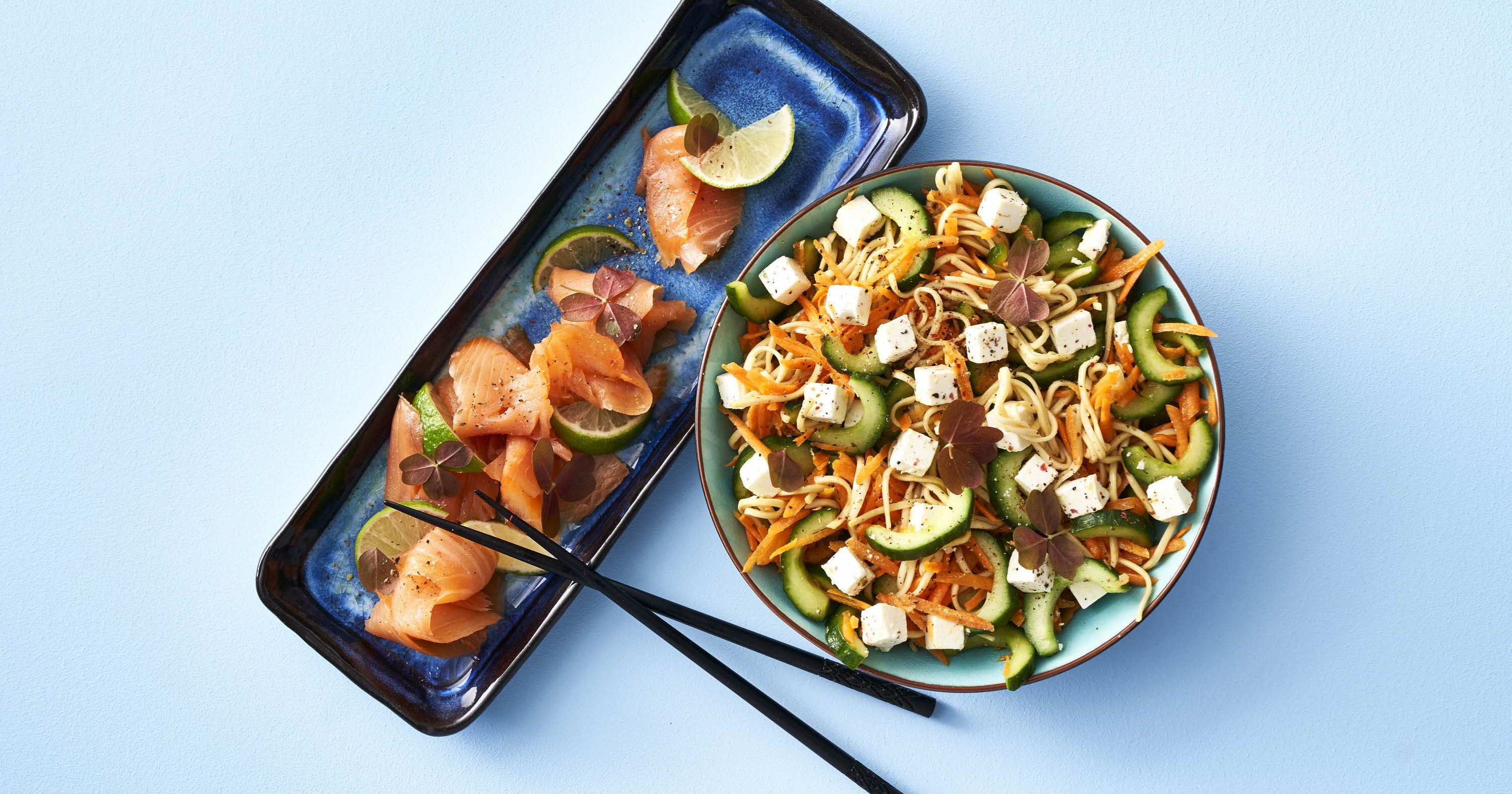 Grov nudelsalat med ost og grønt