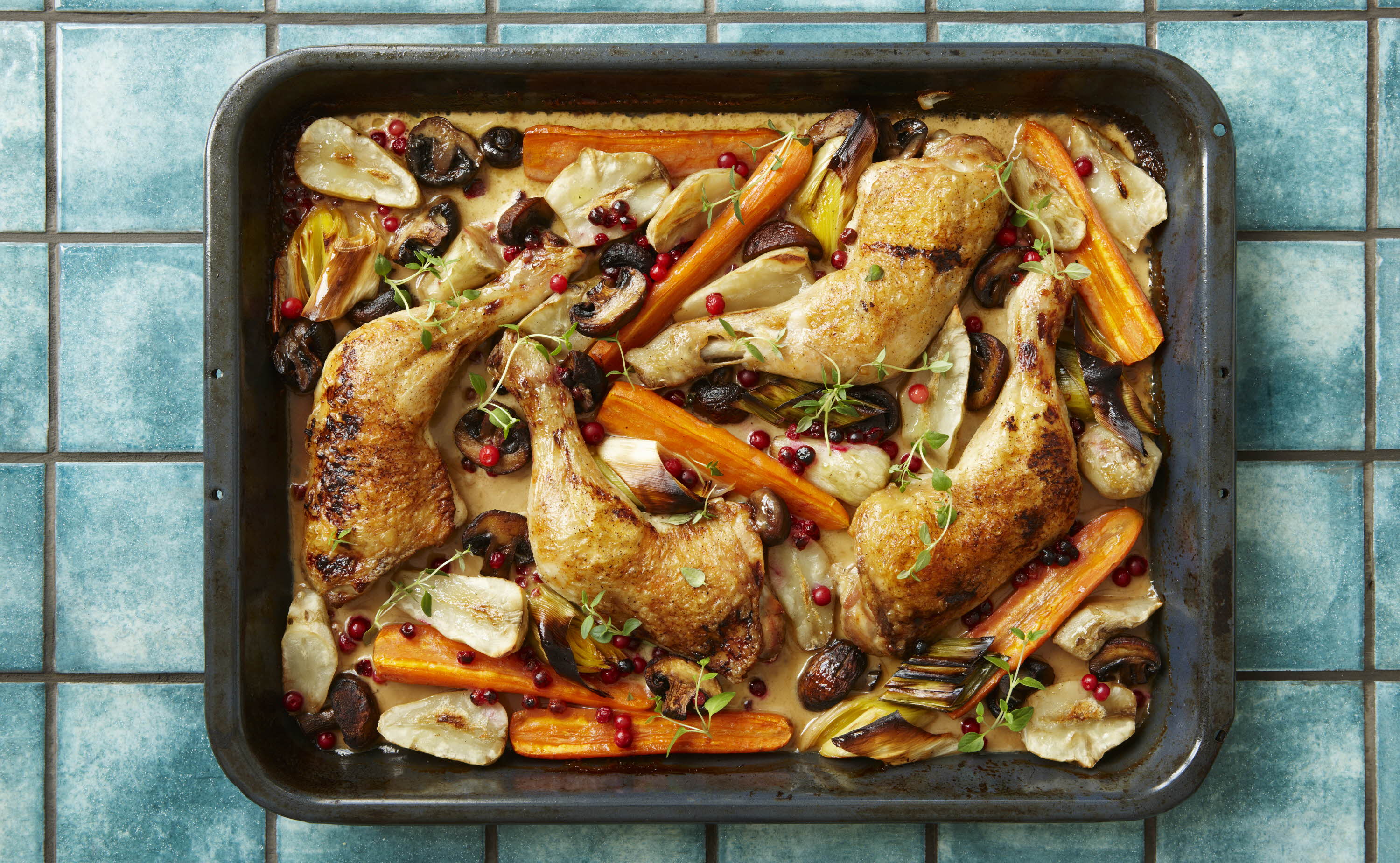 kyllingelår grøntsager - Opskrift på lækker ovnret - Arla | Arla