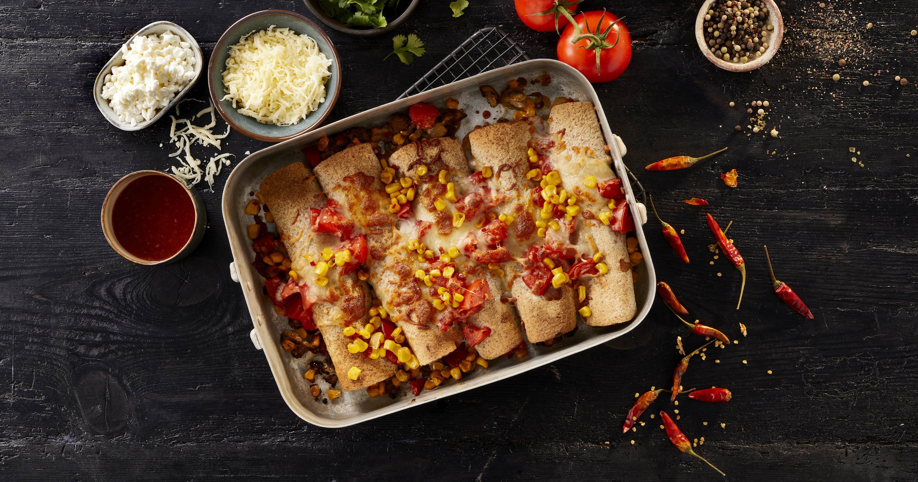 Enchiladas med hytteost og ristede majs