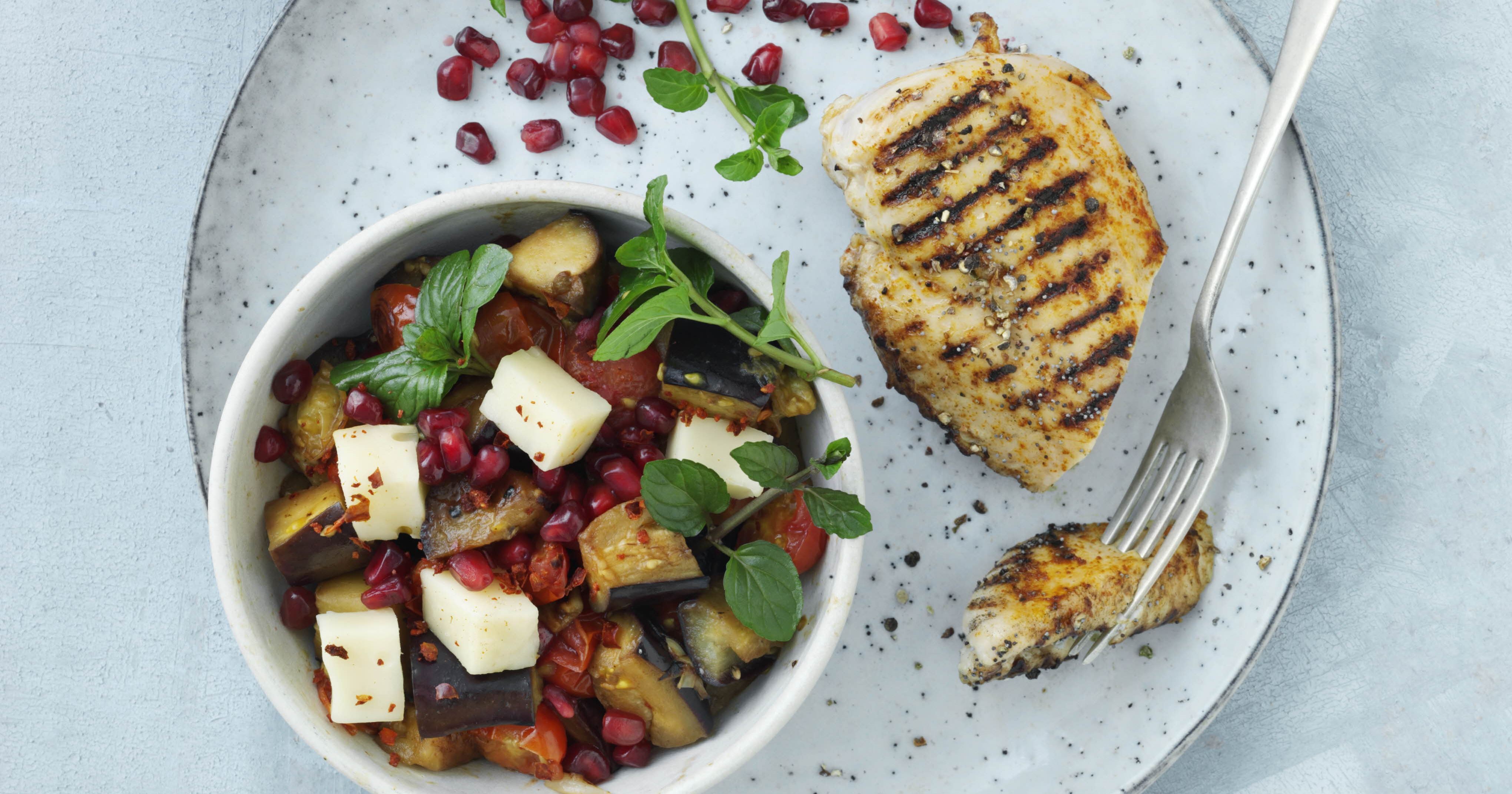 Barbecuekylling med auberginesalat