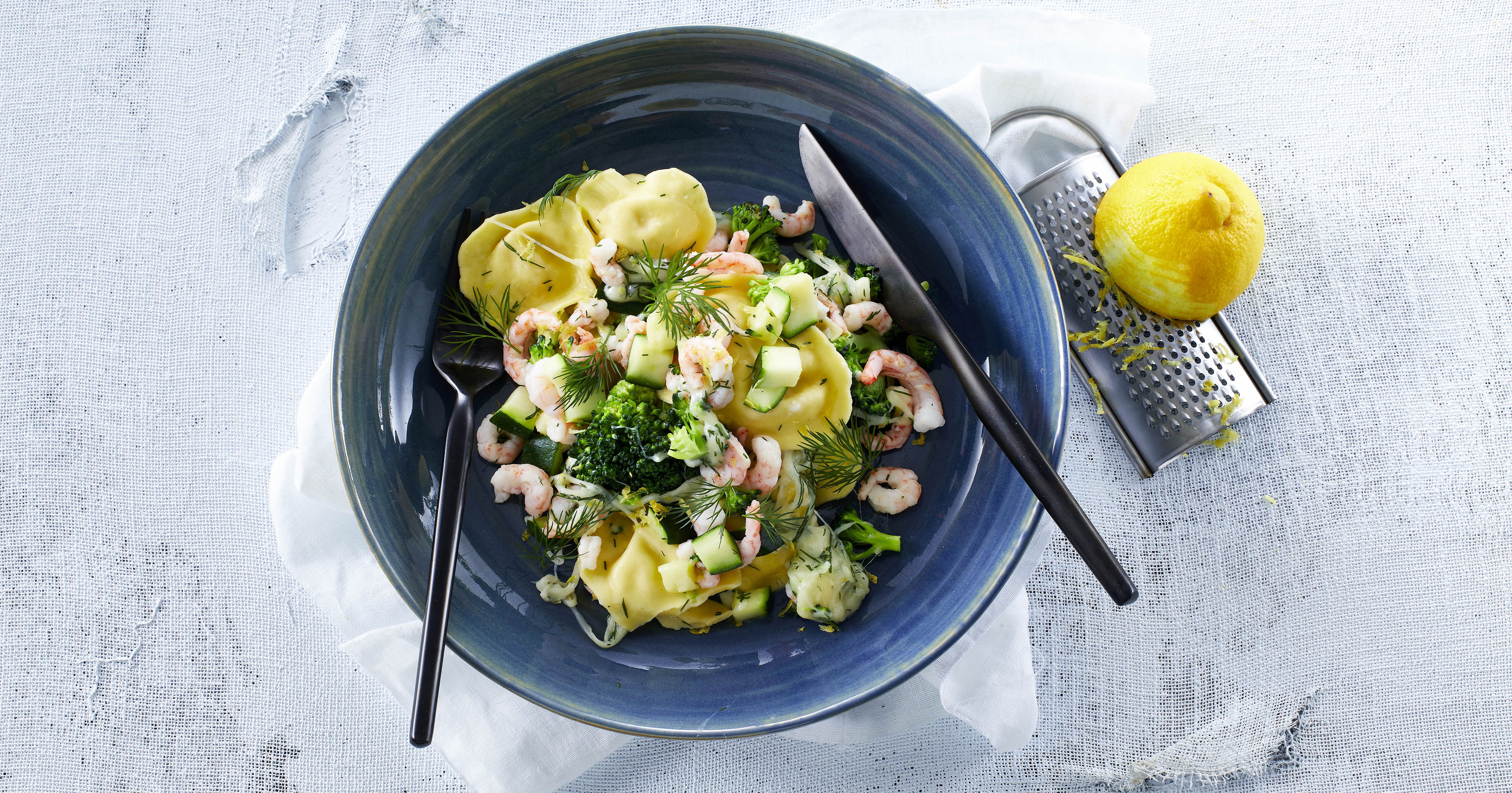 Ravioli med grønt og rejer
