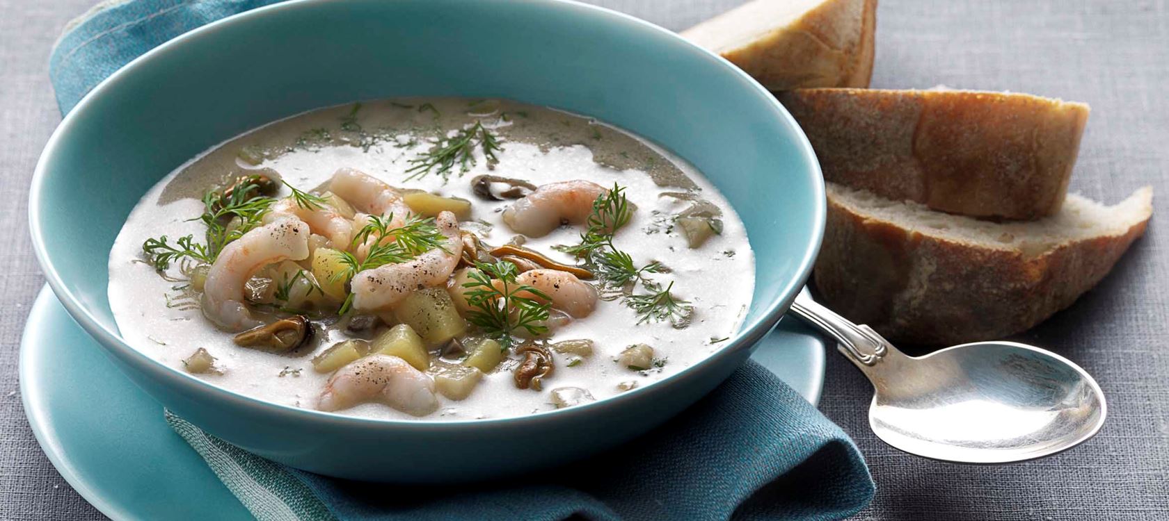 Suppe med skaldyr og rodfrugter