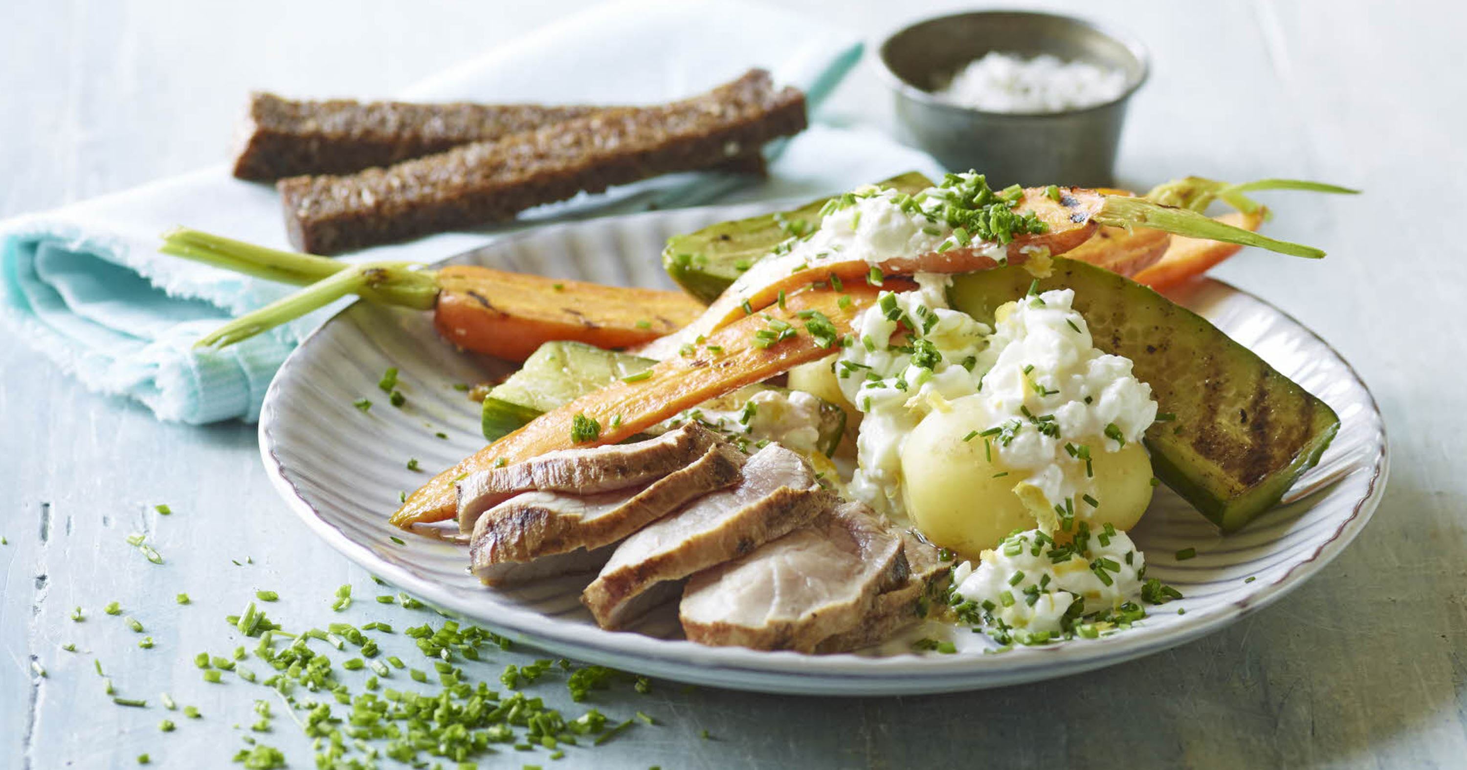 Grillede grøntsager til skinkemignon og citronhytteost