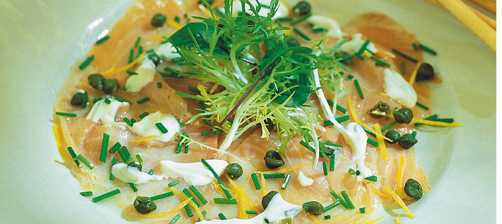 Lohicarpaccio ja piparjuuri-yrttirahka