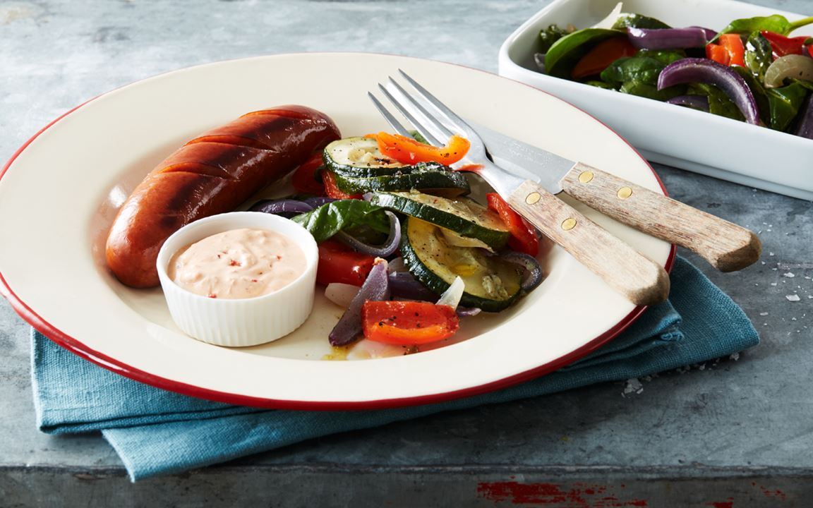 Chorizo med ugnsstekta grönsaker