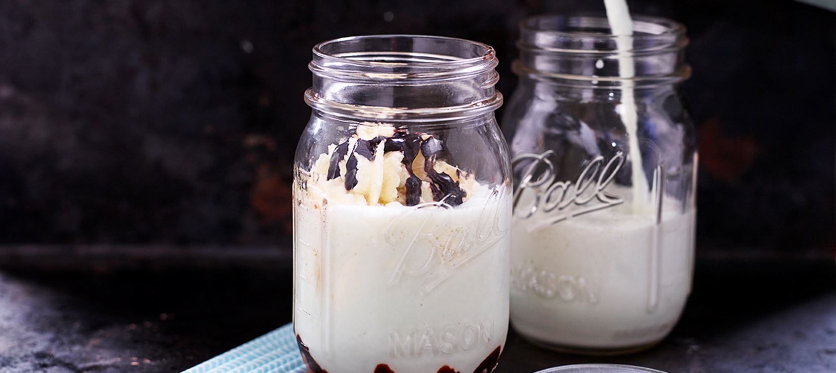 Päronshake med chokladsås