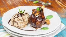 Pear Ice Cream with Chocolate Sauce and Meringue