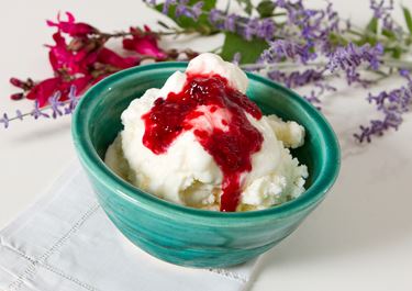 Elderberry Ice Cream with Strawberry Sauce