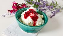 Elderberry Ice Cream with Strawberry Sauce