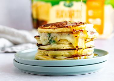 Grilled Cheese Pancakes with Spicy Maple Syrup and Chives