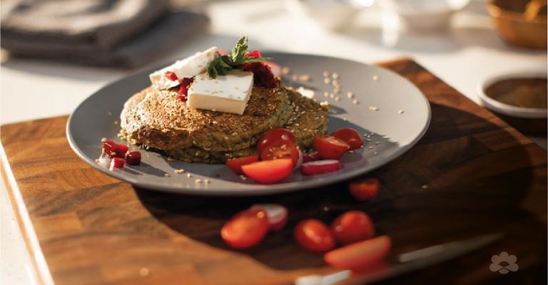 Savory Falafel Pancakes with Cream Cheese Squares and Vegetables