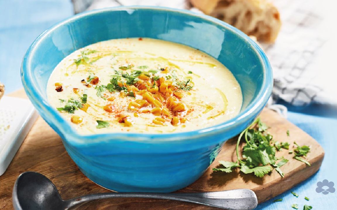 Roasted sweetcorn soup with ginger and coriander 