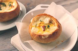 Havarti Cheese and Baked Eggs in Bread bowls