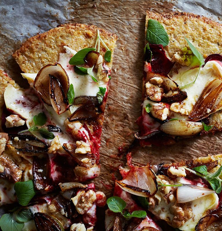 Cauliflower Pizza with Double Cream Brie, Beetroot and Walnuts 