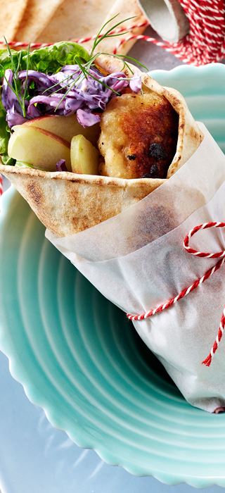 Chicken meatballs with red cabbage salad in flatbread