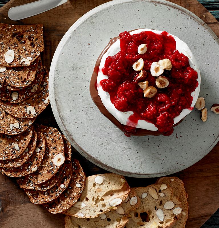 Chocolate Hazelnut  Filled Brie With Roasted Raspberries 