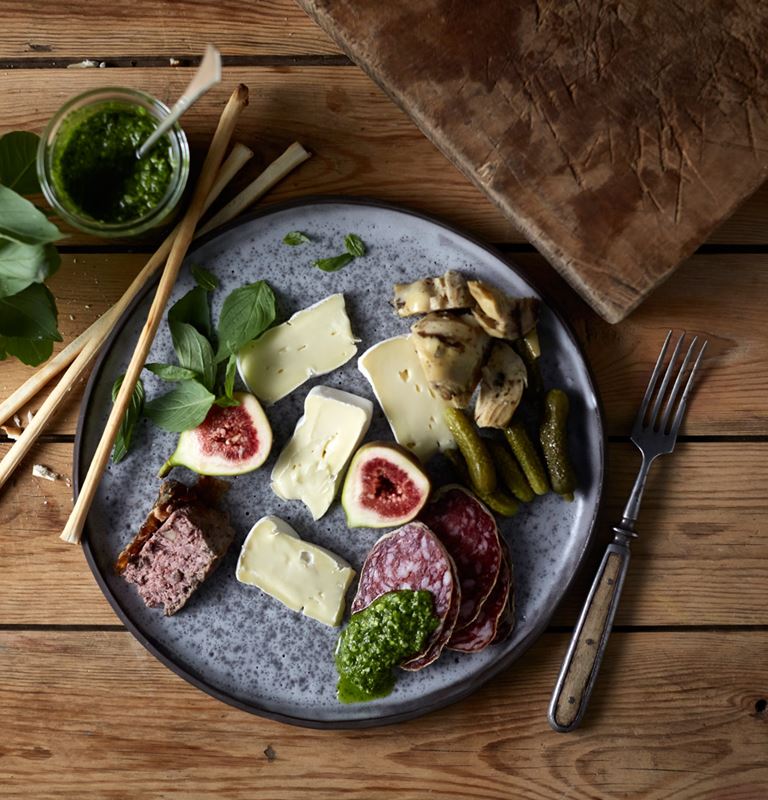 Double Cream Brie with salami, figs, pate, mixed pickles and pesto