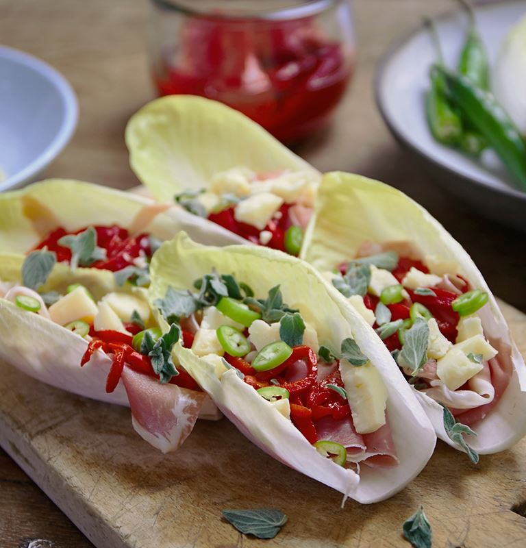 Endive with prosciutto, grilled capsicums and Creamy Havarti