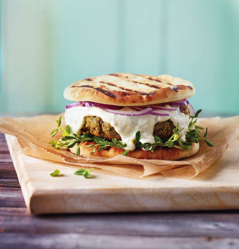 Falafel Burger with Castello® Greek Style cheese and Yoghurt Sauce
