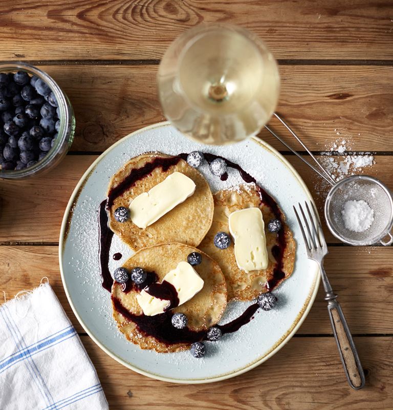 Pancakes with Blueberry Syrup & Double Cream Brie