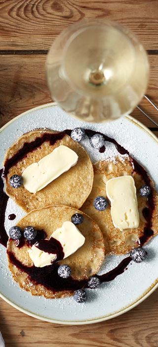 Pancakes with Blueberry Syrup & Double Cream Brie