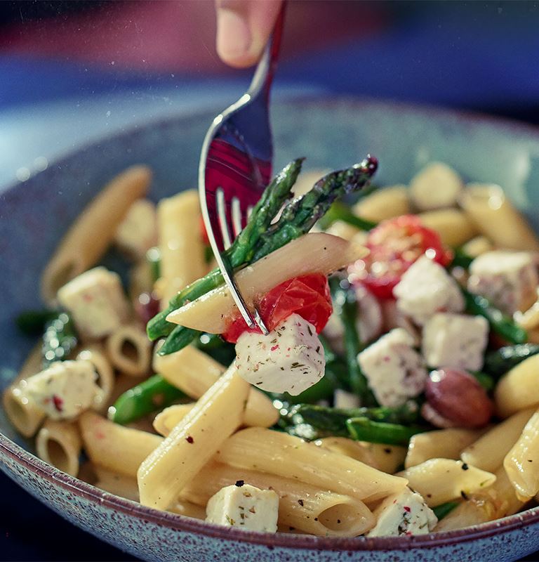 Pasta with Asparagus, Cherry Tomatoes and Castello® Greek Style Cheese