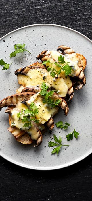Sourdough bruschetta with portobello mushrooms and Castello Creamy Blue