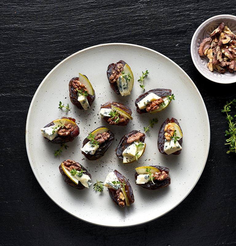 Stuffed dates with Creamy Blue, walnuts and pear