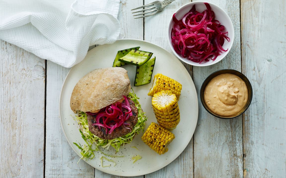 Beef Burger with Cabbage and Grilled Vegetables
