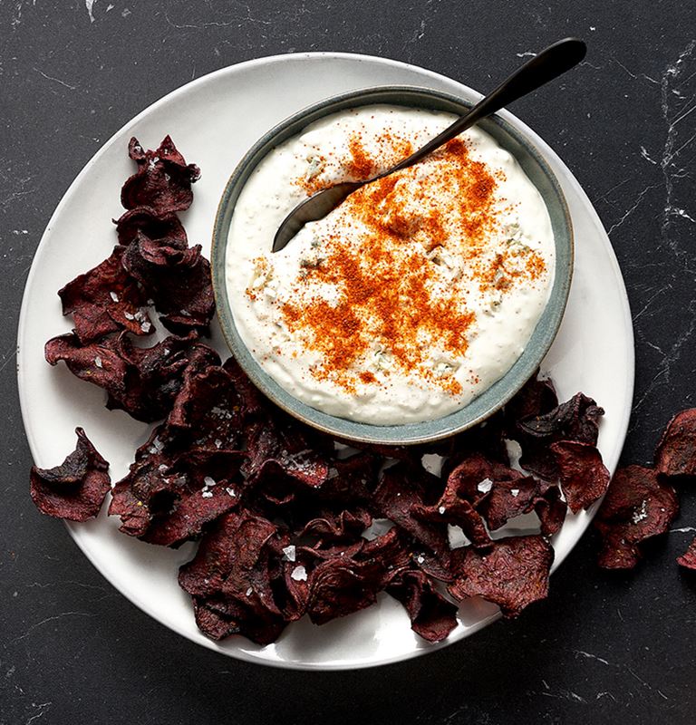 Blue Cheese Dip with Beet Chips