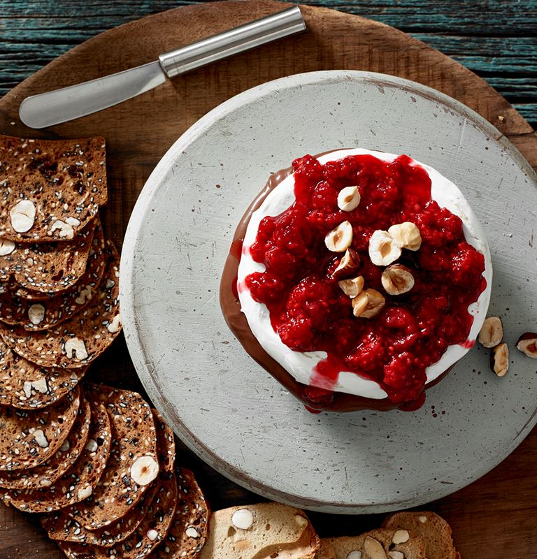 Chocolate Hazelnut  Filled Brie With Roasted Raspberries 