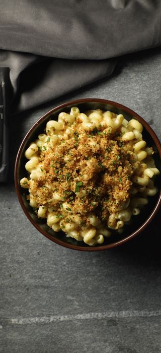 Creamiest Ever Mac and Cheese with Garlic Sourdough Crumb Topping