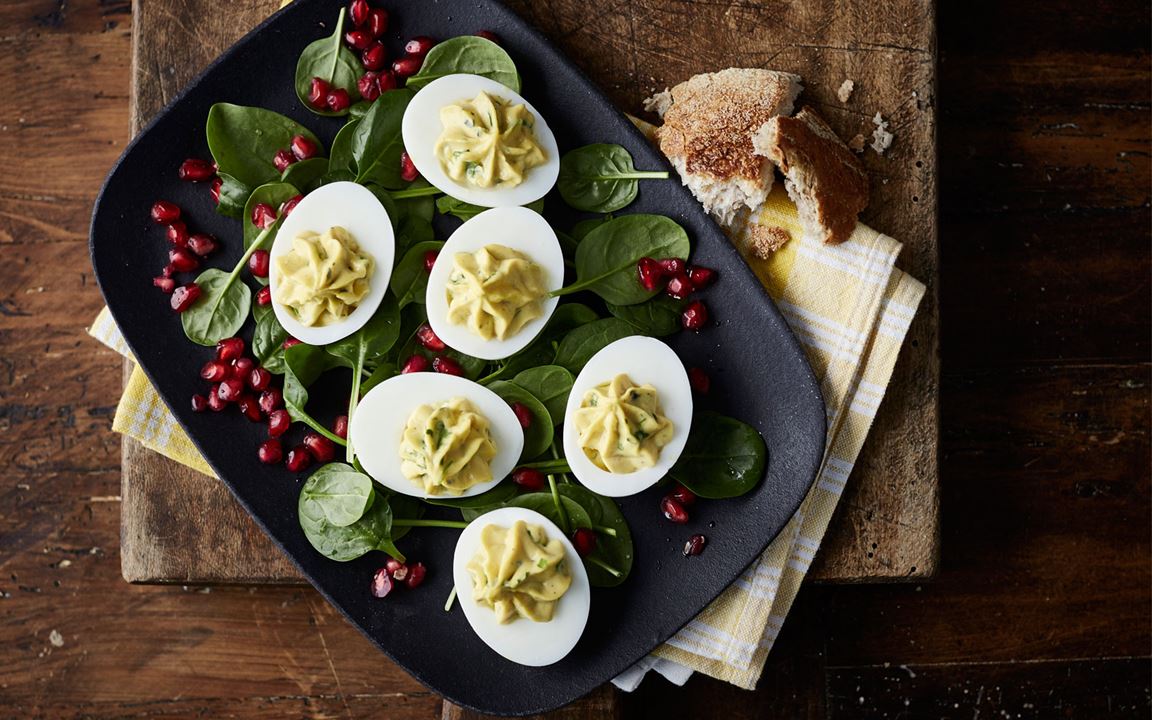 Deviled Eggs with Creamy Blue Cheese & Spinach Salad