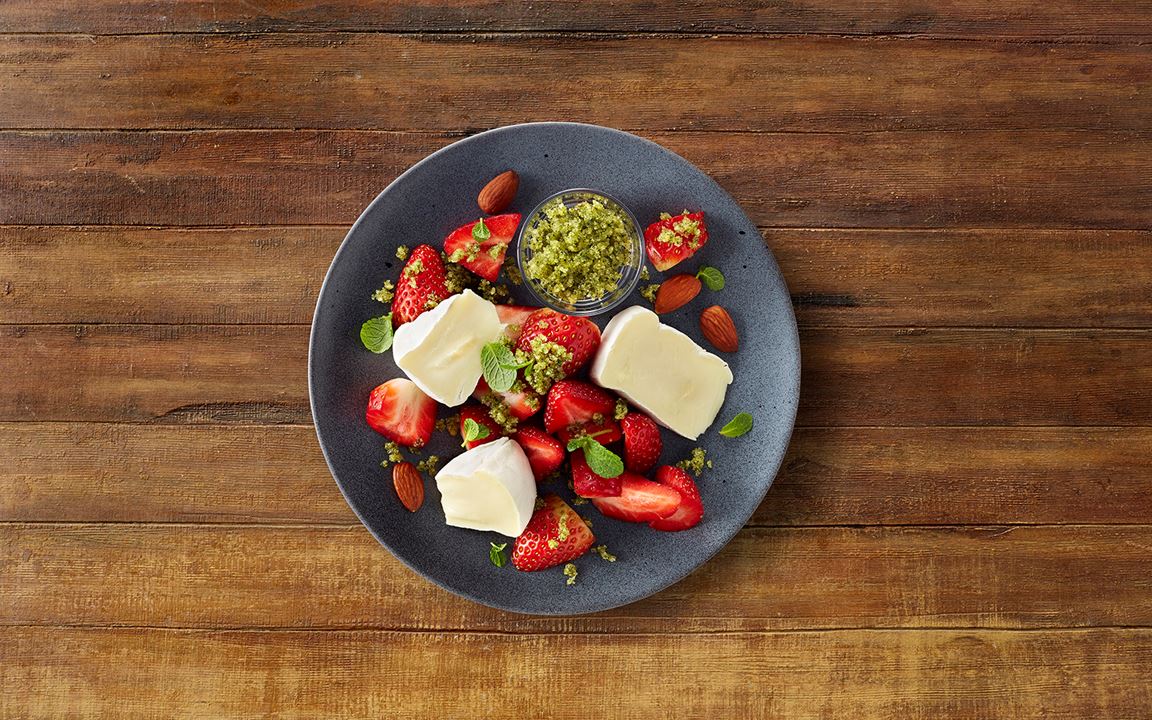 Double Crème White with strawberries and mint pesto