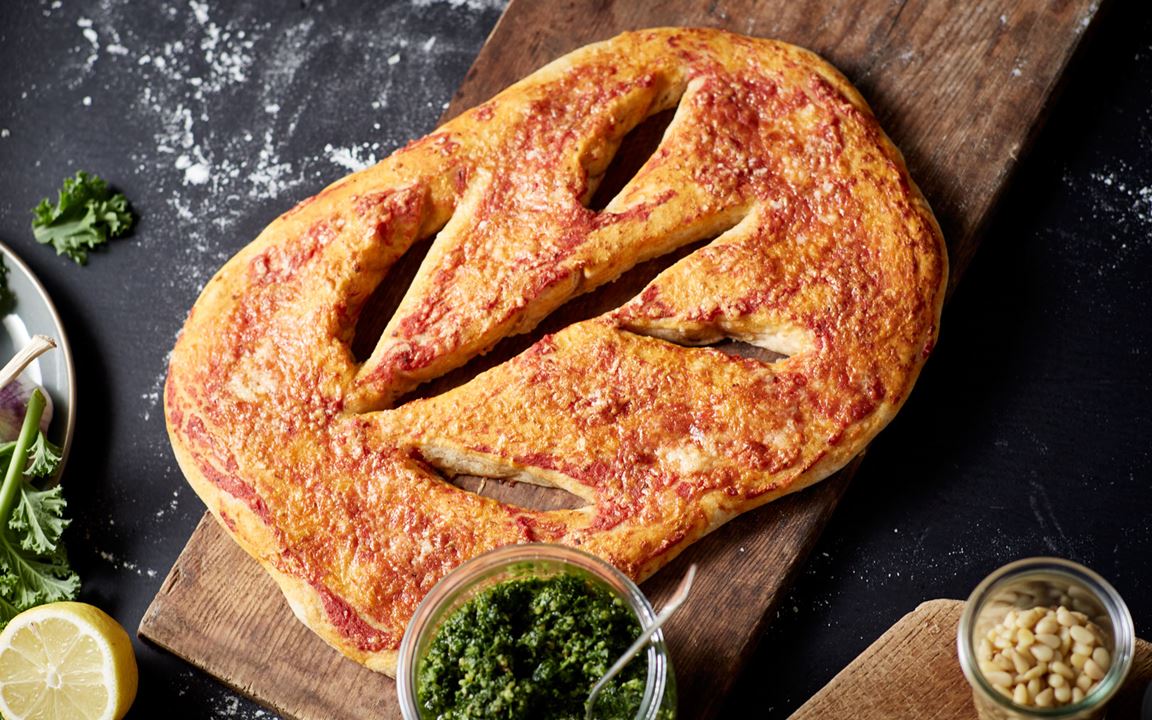 Fougasse with Matured Cheddar, tomatoes and curly kale pesto 