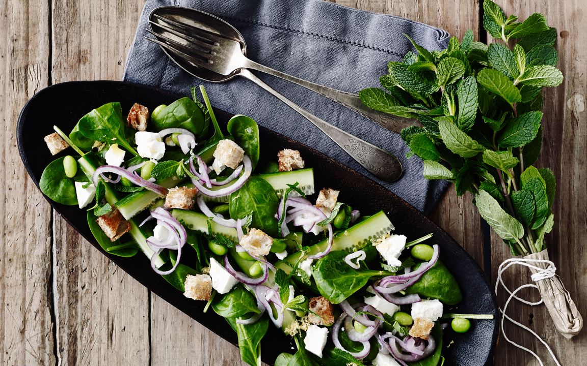 Greek-style cheese, spinach salad with mint 