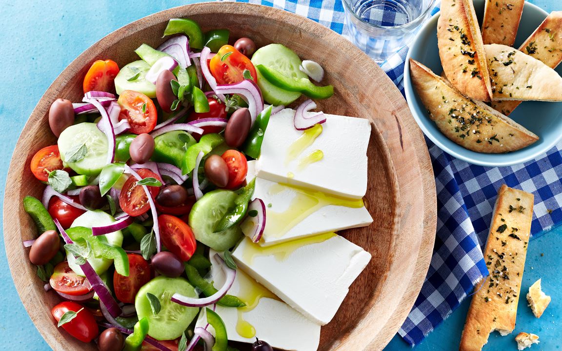 Greek-style cheese salad with kalamata olives and oregano