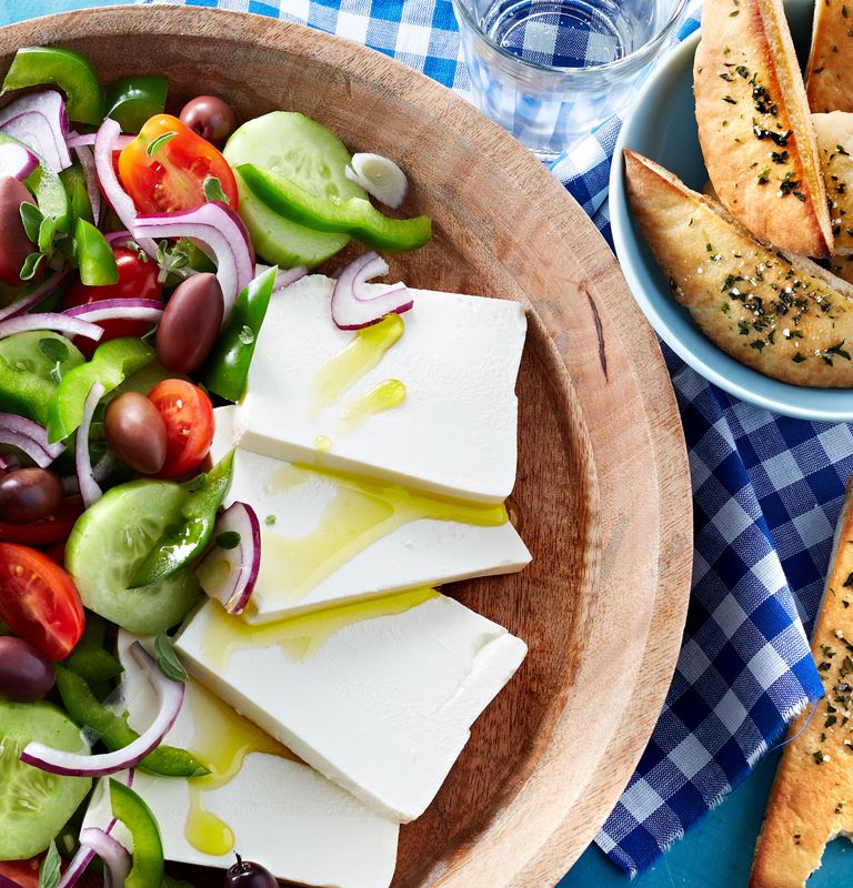 Greek-style cheese salad with kalamata olives and oregano