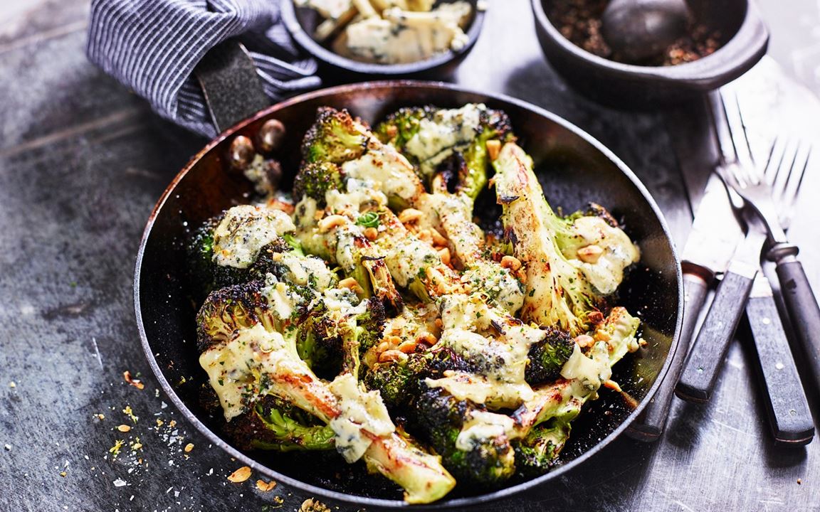 Grilled broccoli with Blue Cheese and roasted hazelnuts