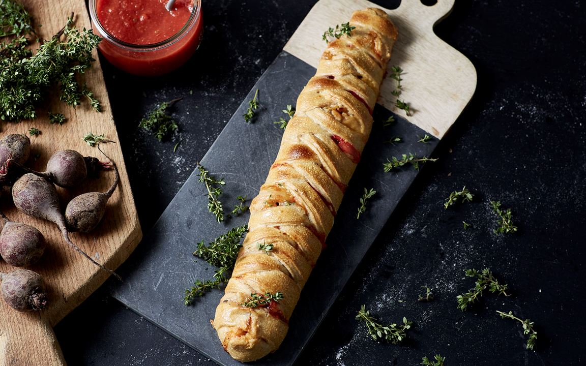 Plaited Pizza Loaf with Blue Cheese, Beets, Pine Nuts & Thyme