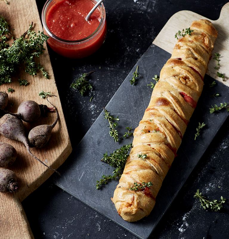 Plaited Pizza Loaf with Blue Cheese, Beets, Pine Nuts & Thyme