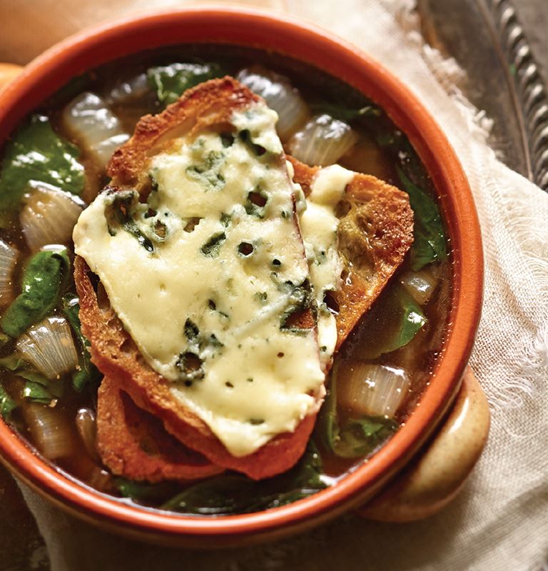 Spinach Onion Soup with Castello® Burger Blue Cheese