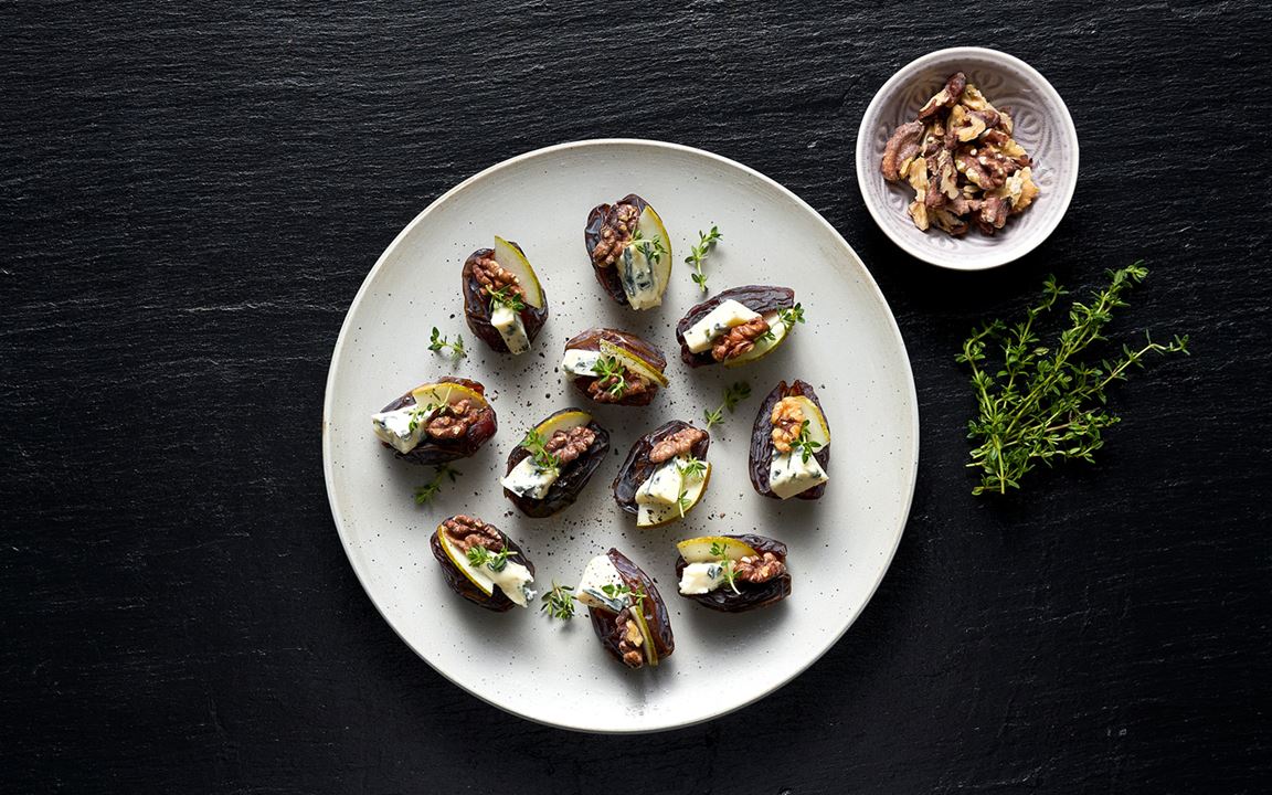 Stuffed dates with Double Crème Blue, walnuts and pear