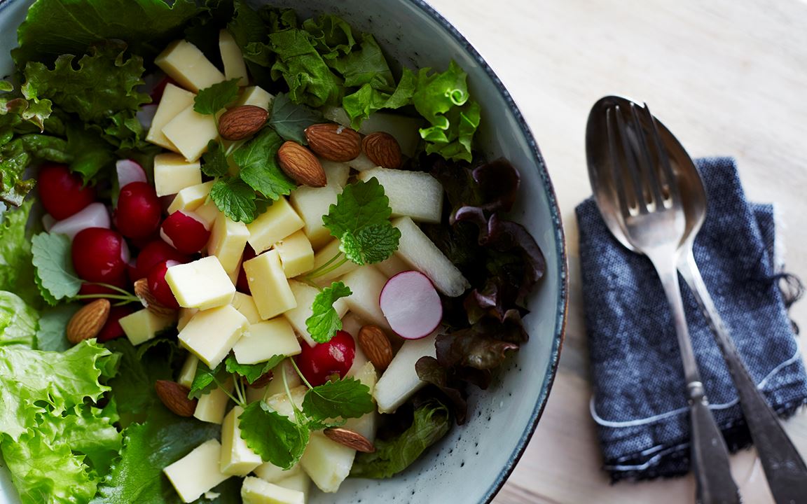 Summer salad with cheddar, melon and radishes
