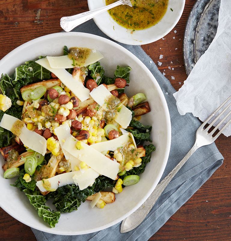 Autumn salad with corn, parsnips, Havarti and nuts
