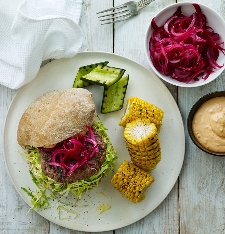 Beef Burger with cabbage and grilled vegetables