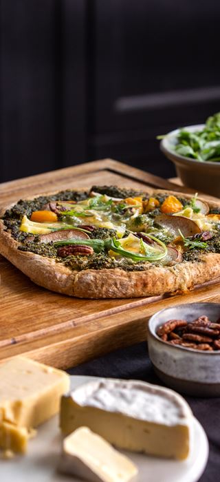 Brie pizza with pear pecan and pesto